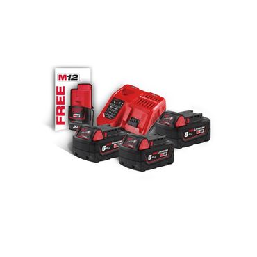 Milwaukee Vario Kit 18V Basis 3x Ersatzakku M18B5 18V/5.0Ah + 1x Lader M12-18FC