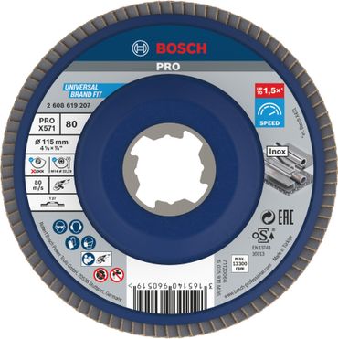 Bosch PRO X571 X-Lock Fächerschleifscheibe, 115 mm, G80, gerade, Plastik
