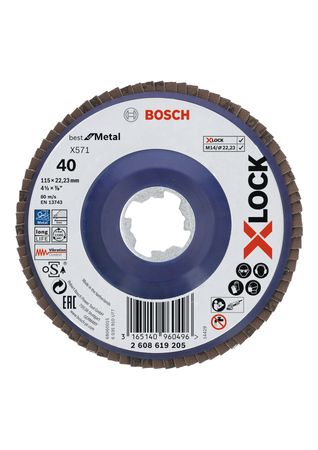 Bosch X-LOCK Fächerschleifscheibe, gerade Ausführung, Kunststofftragplatte, Ø115 mm, K 40, X571, Best for Metal, 1 Stück D = 115 mm; K = 40, gerade