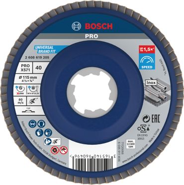 Bosch PRO X571 X-Lock Fächerschleifscheibe, 115 mm, G40, gerade, Plastik