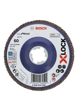 Bosch X-LOCK Fächerschleifscheibe, gerade Ausführung, Kunststofftragplatte, Ø115 mm, K 60, X571, Best for Metal, 1 Stück D = 115 mm; K = 60, gerade