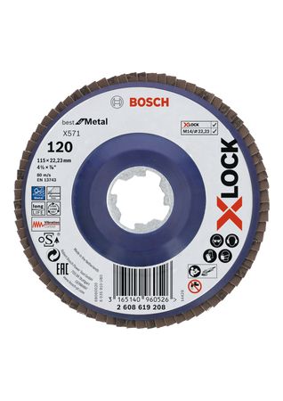 Bosch X-LOCK Fächerschleifscheibe, gerade Ausführung, Kunststofftragplatte, Ø115 mm, K 120, X571, Best for Metal, 1 Stück D = 115 mm; K = 120, gerade