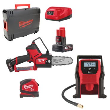 Milwaukee M12 FHS-602X 2x6,0 Ah + Lader in HD-Box + Akku-Kompressor solo + Bandmaß