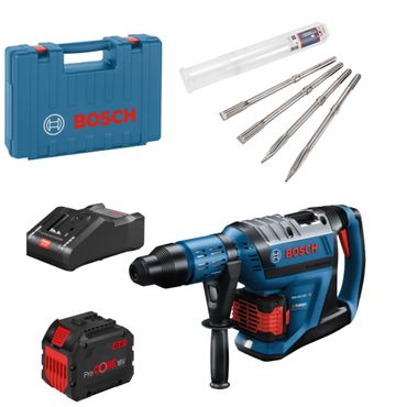 [Paket] Bosch Akku-Bohrhammer BITURBO GBH 18V-45 C mit 2x12 Ah Akkus und Lader im Koffer Meißelsatz