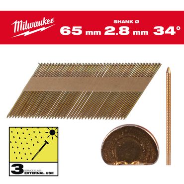 Milwaukee D-Kopf-Nägel für M18FFN 7,4 x 2,8 x 65 mm, Ringschaft feuerverzinkt, 34°