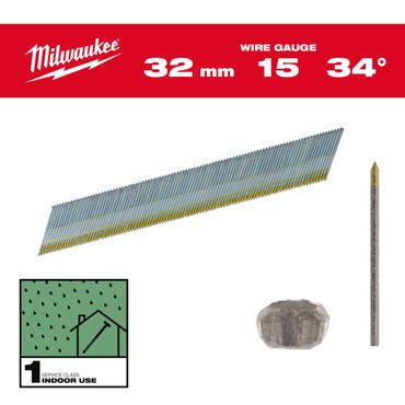 Milwaukee Stift-Nägel D-Kopf 15 Gauge für M18CN15GA & M18FN15GA 1,8 x 32 mm verzinkt, 34°