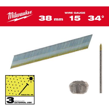 Milwaukee Stift-Nägel D-Kopf 15 Gauge für M18CN15GA & M18FN15GA 1,8 x 38 mm Edelstahl, 34°