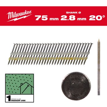 Milwaukee Rundkopf-Nägel für M18FFN21 7,4 x 2,8 x 75 mm, Ringschaft Stahl blank,  20°