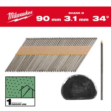 Milwaukee D-Kopf-Nägel für M18FFN 7,4 x 3,1 x 90 mm, Glattschaft Stahl blank 34°