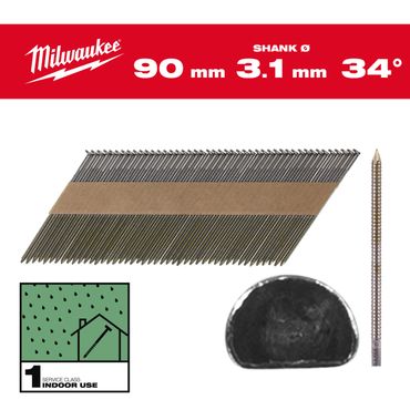 Milwaukee D-Kopf-Nägel für M18FFN 7,4 x 3,1 x 90 mm, Ringschaft blank, 34°