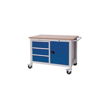 Werkbank  B1250xT750xH935mm Buche Multiplex lichtgrau / signalblau 3 Schubladen 1 Tür
