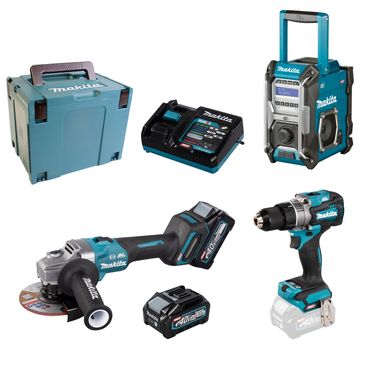 Makita XGT 40V Akku-Paket Winkelschleifer + Bohrschrauber + Baustellenradio 