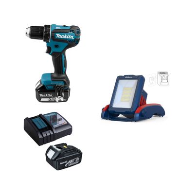 Makita Akku-Bohrschrauber 18V DDF485RFJ 2x 3,0 Ah Akkus + Ladegerät im MAKPAC Gr.2 +  EW Akku LED Arbeitsstrahler 2900lm