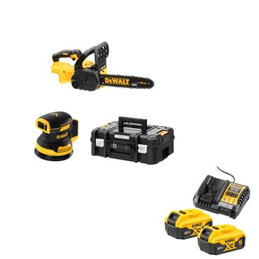 DeWalt Akku-Kettensäge 18V DCM565N-XJ + Akku-Exzenterschleifer 18V DCW210NT-XJ 2x 18V / 5 Ah & Ladegerät, TSTAK-Box