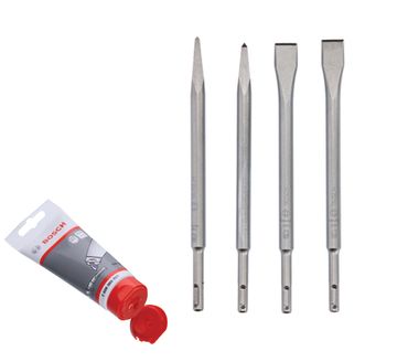 [Paket] Bosch 4-teiliges Meißelset mit SDS plus + Bosch Schmiermittel 