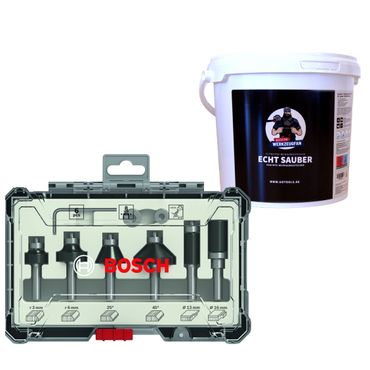 Bosch 6 tlg Trim&Edging Set 1/4” Schaft & Polytex Reinigungstücher "ECHT SAUBER" im Eimer