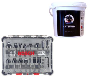 Bosch PRO Fräser Set Mixed 15 teilig 8 mm Schaft  & Reinigungstücher "ECHT SAUBER"