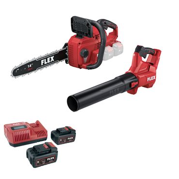 Flex Akku-Gartenpaket SILBER - Kettensäge Laubbläser Akkus