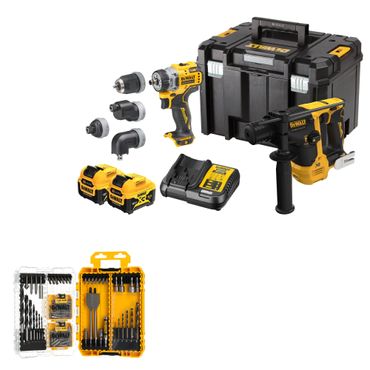 DeWALT Akku-Maschinen-Set (DCD703, DCH072, 2x DCB126 und DCB112) 12 V, 2x5,0 Ah &  Bit- Bohrerset
