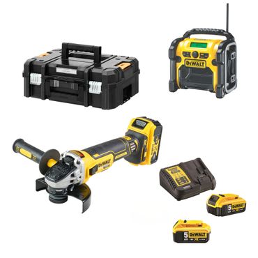 DeWalt Akku-Winkelschleifer DCG405 125 mm 18V mit 3x 5,0 Ah Akkus in TSTAK-Box & RadioDAB+ DCR020