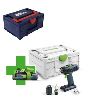 Festool Akku-Bohrschrauber T18+3 Basic mit 1x 4,0 Ah Akku im Systainer & EW Systainer³ M 187 blau / rot