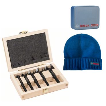 Bosch Forstnerbohrer-Set, 5-teilig, 15 - 35 mm, toothed-edge &  JBL GO2 Lautsprecher, Bosch Beanie