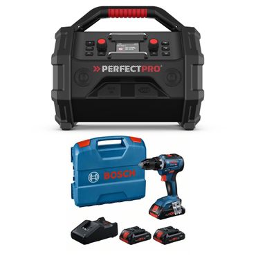 PerfectPro Baustellenradio-Set ROCKTAGON 18V AMPShare + Bosch GSR 18V-55, 3x 4,0 PC und Lader