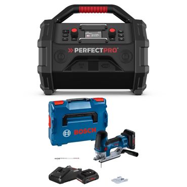 PerfectPro Baustellenradio-Set ROCKTAGON 18V AMPShare + Bosch GST 18V-155 SC, 2x 4.0Ah ProCore Akku + Lader