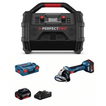 PerfectPro Baustellenradio-Set ROCKTAGON 18V AMPShare + Bosch GWS 18V-7 mit 2x 4,0 Akkus  + Lader