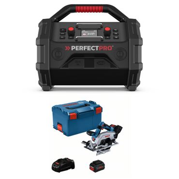 PerfectPro Baustellenradio-Set ROCKTAGON 18V AMPShare + Bosch GKS 18V-57-2 L, 2x 5,5 Ah ProCore + Lader