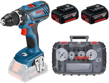 Bosch Akku-Bohrschrauber GSR 18V-28 mit 2x 4,0 Ah + Lader in L-BOXX + Lochsägen-Set