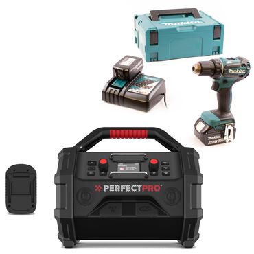 PerfectPro Baustellenradio-Set ROCKTAGON 18V AMPShare + Makita DDF485RTJ, 2x 5,0 Ah