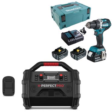 PerfectPro Baustellenradio-Set ROCKTAGON 18V AMPShare + Makita DDF484RT3J, 3x 5,0 Ah