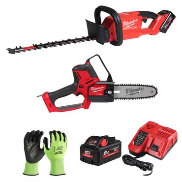 Milwaukee M18 Garten-Set 1 Akku-Heckenschere + Akku-Astsäge + Handschuhe + 2x 8,0 HB und Ladegerät