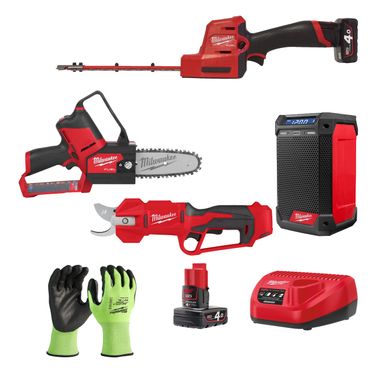 Milwaukee-M12Garten-Set 3 Akku-Heckenschere, Akku-Astschere, Akku-Astsäge und Akku-Radio, 2x12V 4,0Ah