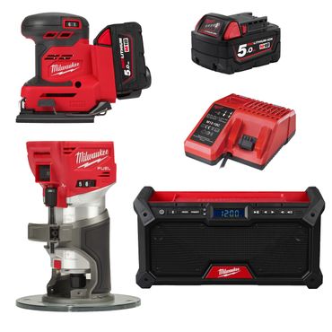 Milwaukee M18 Akku-Maschinen-Set, Akku Schwingschleifer, Akku Kantenfräse, Akku Radio, inkl. Akkus + Lader