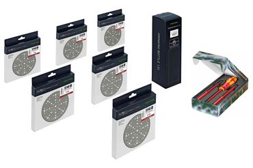 Festool Schleifscheiben-Set Granat STF D150/48 GR-Set P + Trinkflasche + Wera VDE Christmas-Edition