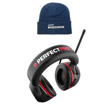 PerfectPro Gehörschutz H-40 mit Radio (UKW + DAB+) & Bluetooth Funktion + Echter Werkzeugfan Strickmütze blau 