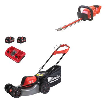 Milwaukee M18 FUEL Akku-Rasenmäher M18F2LM46-802, 2x 8,0 HB und Doppelladegerät + Akku-Heckenschere M18 FHT45-0 FUEL™