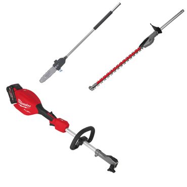 Milwaukee M18 FUEL Akku-Basiseinheit mit QUIK-LOK M18 FOPH2-802, 2x 8,0 Ah FORGE und Ladegerät + Heckenscheren- und Kettensägenaufsatz