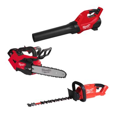 Milwaukee M18 FUEL Akku-Top-Handle-Kettensäge M18 FTHCHS30-802, 2x 8,0 Ah und Lader + Akku-Heckenschere 45 cm M18FHET45-0 + Akku-Gebläse M18FBLG3-0