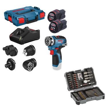Bosch Akku-Bohrschrauber GSR 12V-35 FC 2x 3,0 Ah + Lader + 4 Aufsätze in L-BOXX + Bit-Set