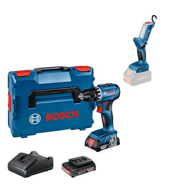 [Paket] Bosch Akku-Bohrschrauber GSR 18V-45 2x 2,0Ah + Ladegerät in L-BOXX & Akku-Lampe 