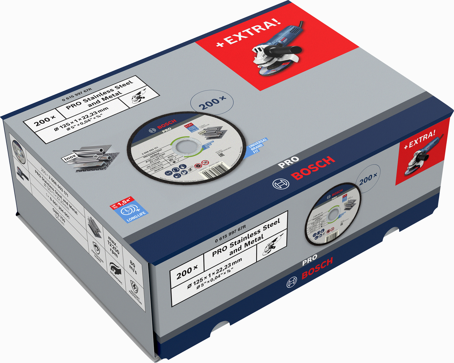 Bosch PRO Inox+Metall Trennscheiben 125 mm, 200 Stück + Winkelschleifer GWS 750
