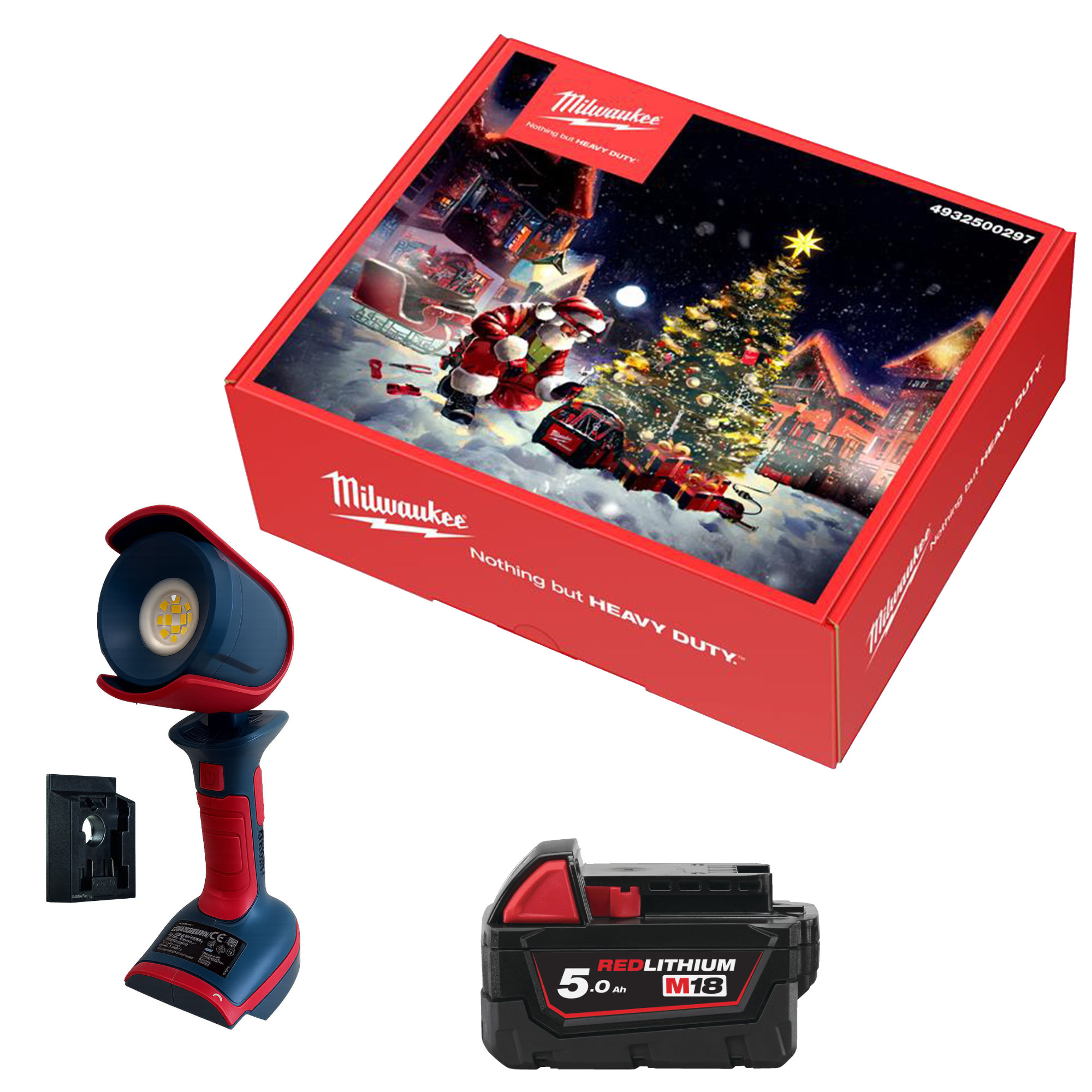Milwaukee Weihnachtskalender 2025, 5-tlg. + Echter Werkzeugfan LED Akku-Handlampe + Milwaukee Akku M18 B5