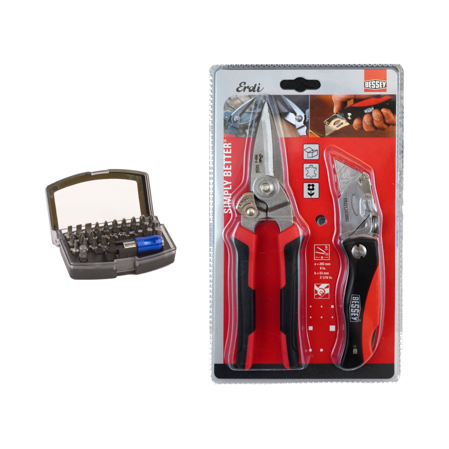 Bessey Aktionset Combi.Schere D52-2 und Klappmesser DBKPH + GOTOOLS Bitsortiment S2 - 32-tlg.