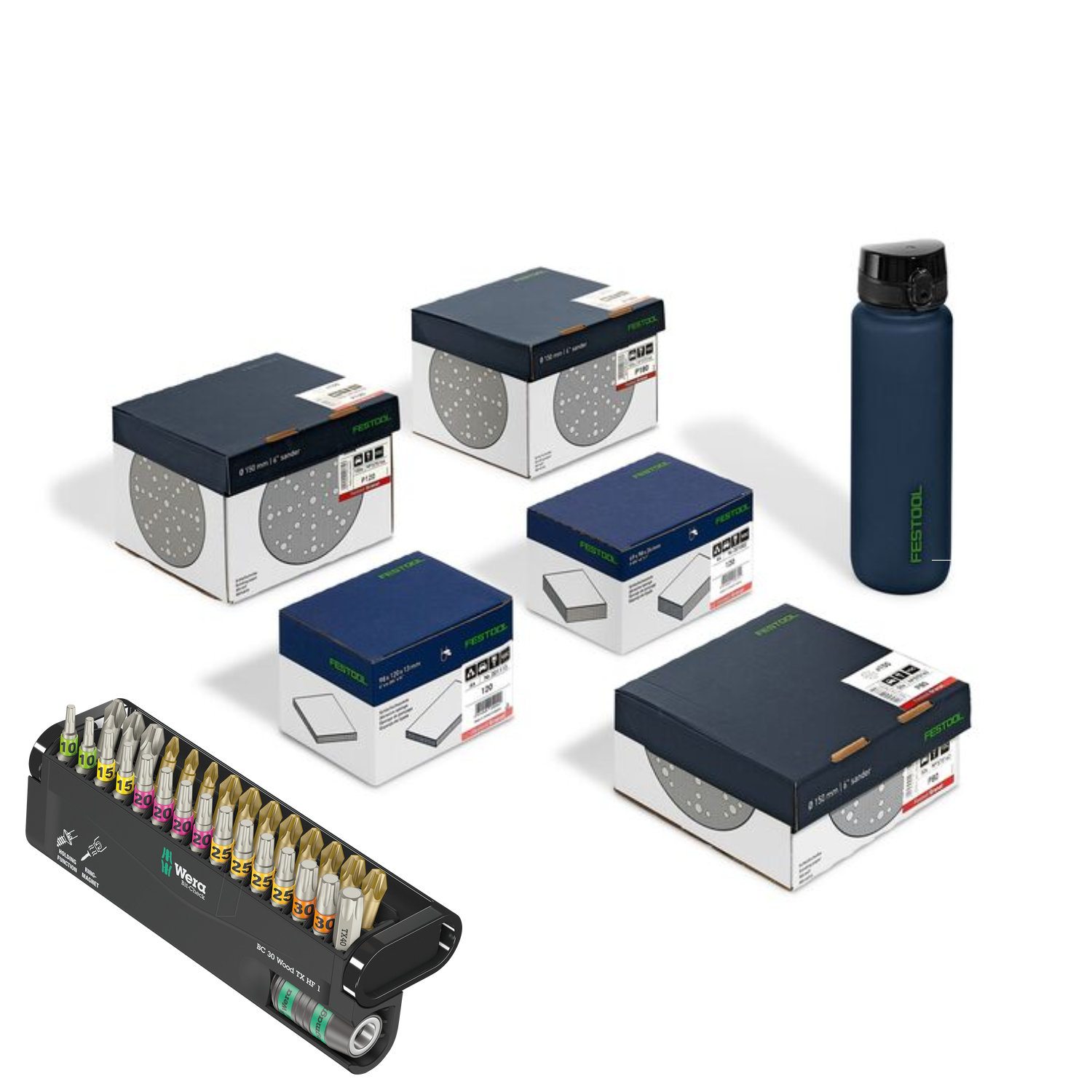 Festool Schleifmittel-Set Super Pack Granat STF D150/48 GR-SP P + Trinkflasche + Wera Bit-Check 30 Wood TORX HF, 30-tlg