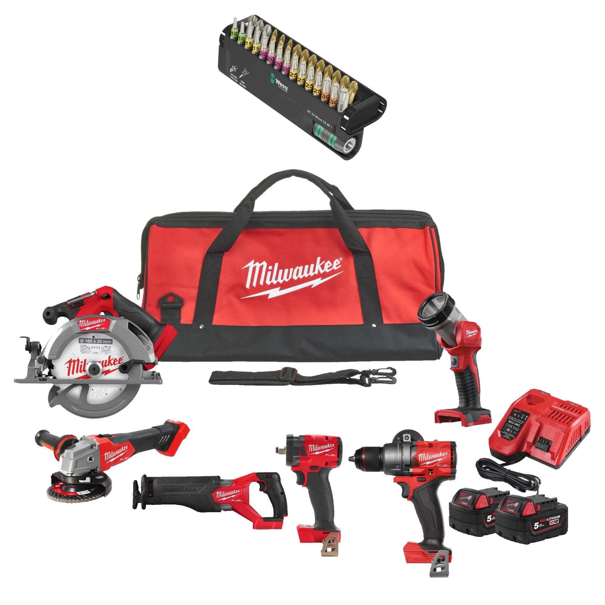 Milwaukee M18 POWERPACK M18 FPP6H3-502B, 6 Geräte, 2x 5,0 Ah und Ladegerät + Wera Bit-Check 30 Wood TORX HF