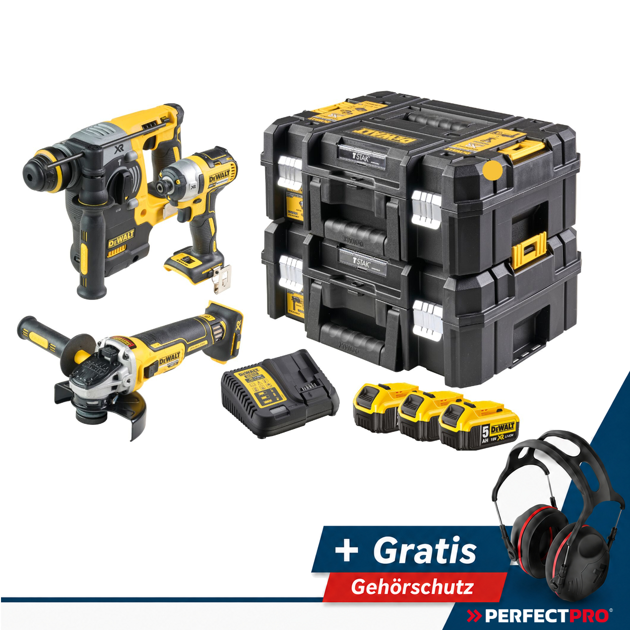 DeWALT Akku-Kombopack DCK305P3T, 18 Volt DCH273 + DCF887 + DCG405 + 3x 5,0 Ah + PerfectPro Gehörschutz H-5