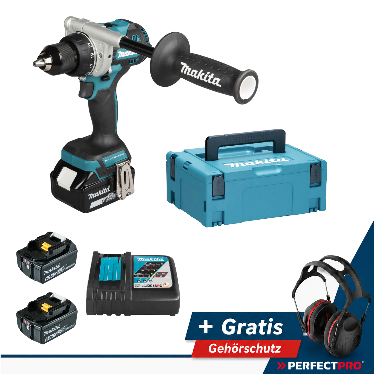 Makita Akku-Bohrschrauber DDF492RG3J, 18V 3x 6,0 Ah und Ladegerät im MAKPAC + PerfectPro Gehörschutz H-5